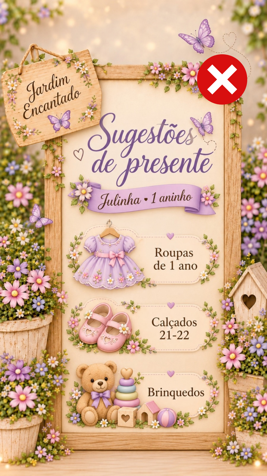 Sugestões de presente: roupas de 1 ano, calçados 21 a 22 e brinquedos